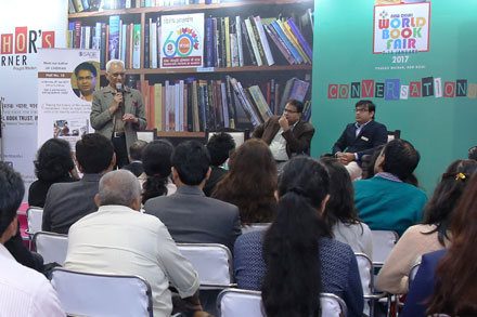 Dr Y C Halan of DFS  speaking at the Author's corner at World Book Fair, Delhi, 2017.